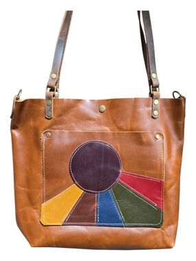 In Blue Handcrafted Tan Leather Tote with Colorful Sunburst Patch